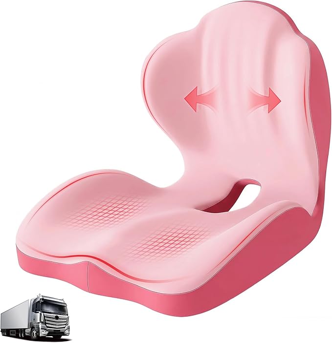 Memory Foam Seat Cushion with Lumbar Support Pillow for Truck Driver, Ergonomic L-Shaped Car Seat Cushion for Tailbone Pressure Relief, Non-Slip Chair Pad for Long Driving (Pink)