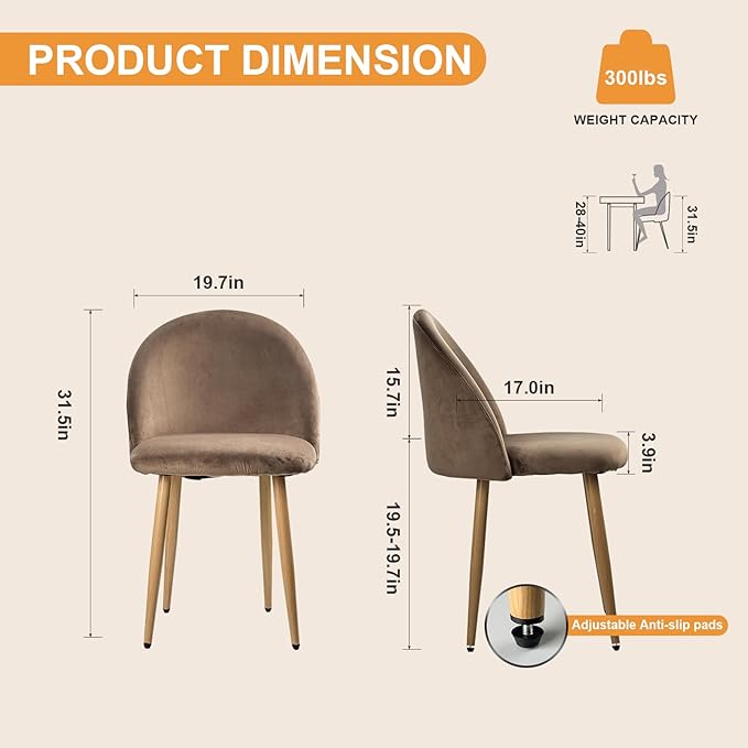 Lightdot Dining Chairs Set of 2, Velvet Comfort Seats, Medieval Modern Living Room Chair, Padded Kitchen Chair with Wood Legs and Padded Chair for Bedroom, Easy to Assemble, Brown