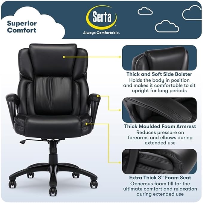Serta Garret Executive Office Chair, Ergonomic Mid-Back with Lumbar Support, Semi-Plush Cushion and Body Pillows, Padded Armrests, Swivel Base, Bonded Leather, Space Black
