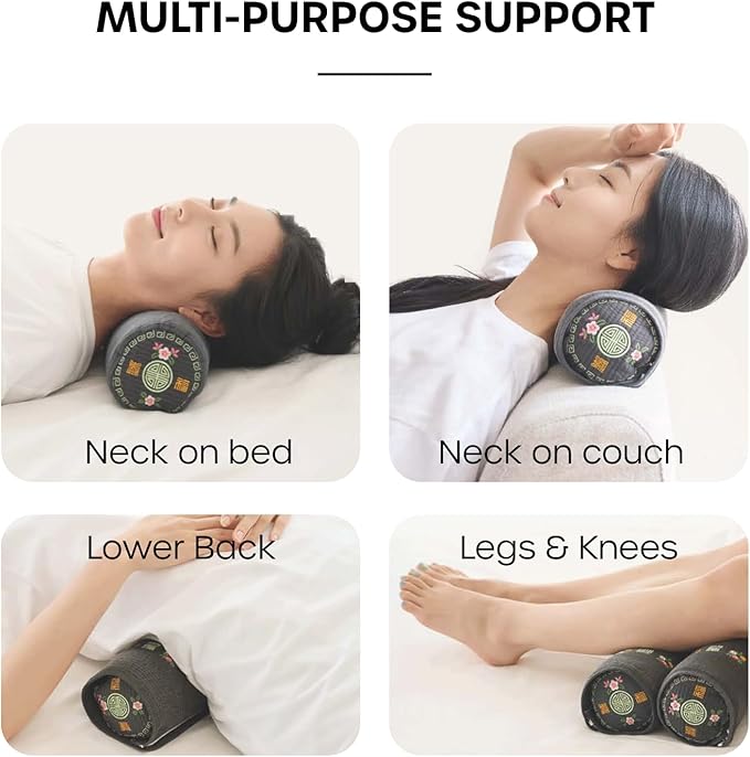 12-inch Korean Buckwheat Cervical Neck Roll — Compact Cypress-Filled Bolster Pillow for Targeted Neck Support (BTS Jungkook's Pick) — Adjustable Firmness, Organic Cotton Cover