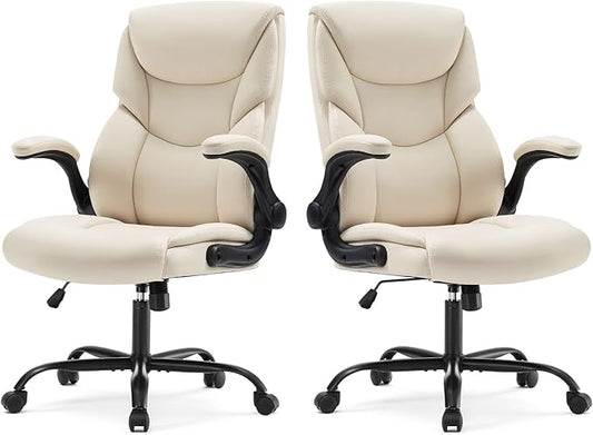 Sweetcrispy Ergonomic Computer Gaming Office Chair Set of 2, Heavy Duty Task Desk Swivel Rolling Chairs with Wheels, Flip-up Arms, Adjustable Height, PU Leather,Cream White