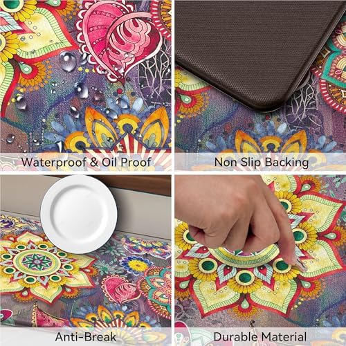 Boho Red Floral Kitchen Rugs Mats for Floor 2 Piece Memory Foam Padded Kitchen Mats Anti Fatigue Non Slip Cushioned Comfort Standing Mat, 17.3x28+17.3x47 Inch