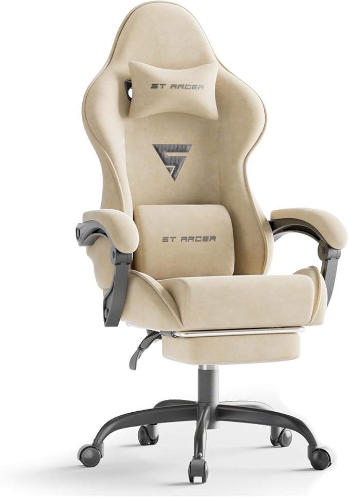 Ferghana Velvet Fabric Ergonomic Gaming Chair with Footrest and Massage, High Back Reclining Computer Gamer Chair for Adult, Racing Style PC Video Game Chair Suitable for Home Office (Beige)