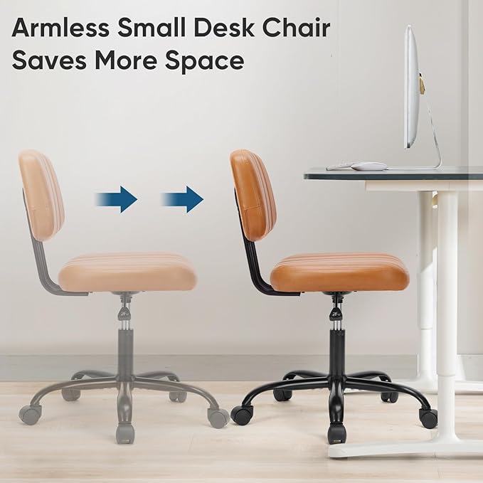 DUMOS Armless Small Home Office Desk Chair - Vanity Task Chair with Low Back, Height Adjustable PU Leather Swivel Computer Chair with 360° Rolling Wheels, Vanity, Bedroom, Deep Brown