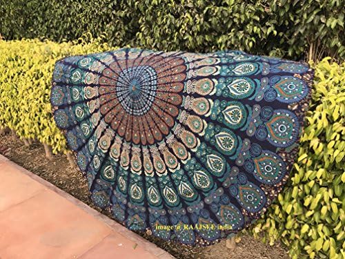Raajsee Round Beach Tapestry Turquoise Mandala Throw/Boho Hippie Beach Blanket Roundie/Indian Cotton Bohemian Large Round Table Cloth-Home Decor/Yoga Mat Meditation Picnic Rug 69 inch