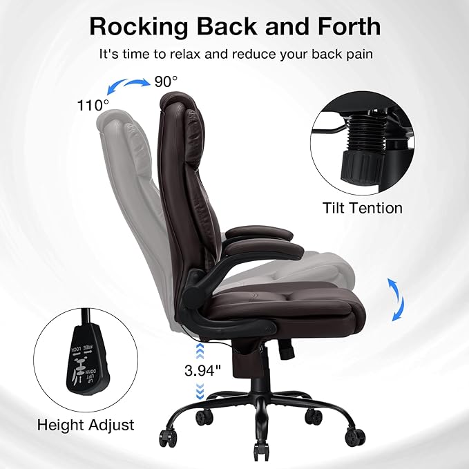 450lbs Executive Office Chair with Inflatable Lumbar Support, Heavy Duty Office Chair for Heavy People, Big and Tall Ergonomic Comfy Chair with Flip-Up Armrests, Breathable PU Leather (Brown)