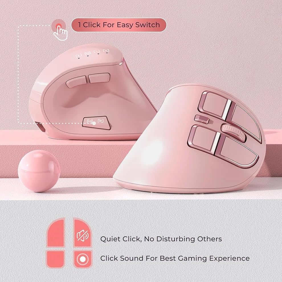 Vertical Mouse, Wireless Ergonomic Optical Mouse (BT 5.0 + Bluetooth 3.0 + USB Connection) with 9 Buttons, Rechargeable Computer Mouse for Wins PC/Laptop, Mac (Pink)