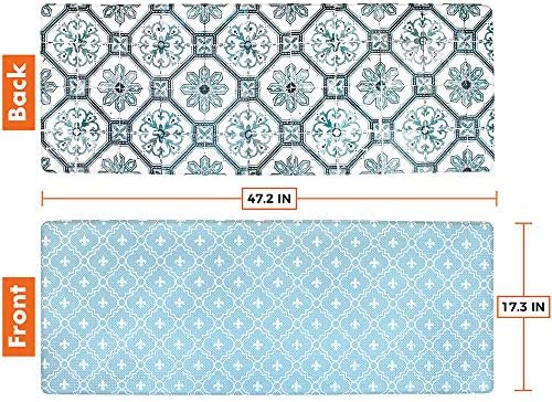 OPUX Anti Fatigue Kitchen Floor Mat, Reversible Cushioned Memory Foam Kitchen Rug Pad, Waterproof Non-Slip Padded Comfort Standing Mat Office Laundry Home, 47x17 (Floral Tile Blue)