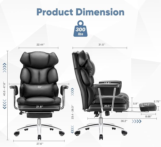 DUMOS Home Office Desk Executive Chair - Ergonomic Big Tall High Back with Footrest & Lumbar Support, Reclining Height Adjustable, Comfy PU Leather Computer Gaming with Swivel Wheels, Black