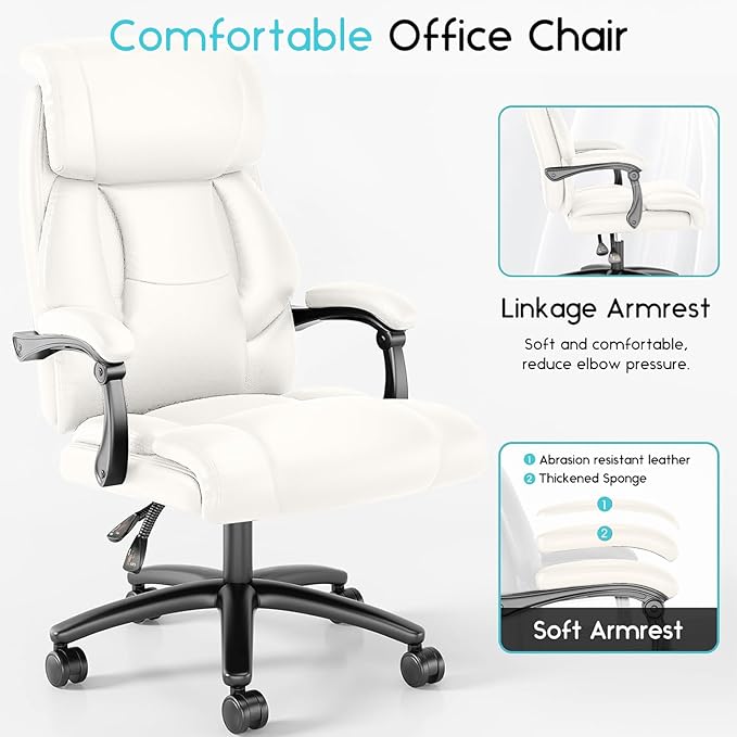 Ollega Reclining Office Chair, Executive Big and Tall Office Chair with Wide Seat, Recliner Leather High Back Computer Desk Chairs (White)
