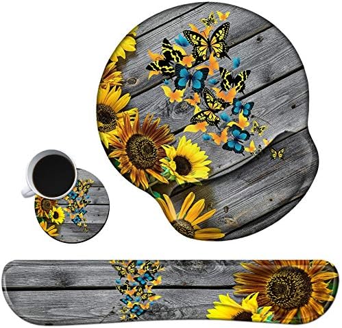 Keyboard Wrist Rest Pad and Mouse Pad Wrist Rest Support Set, Ergonomic Gaming Mousepad Durable Smooth Surface Non-Slip Base Sunflower Butterfly Design for Computer Laptop Home Office + Cute Coasters