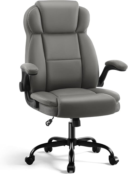 AreShark Ergonomic Office Chair with High Back Headrest,PU Leather Executive Desk Chair Padded Flip-Up Armrests,Lumbar Support,Swivel Computer Chair for Home Office & Gaming,Gray