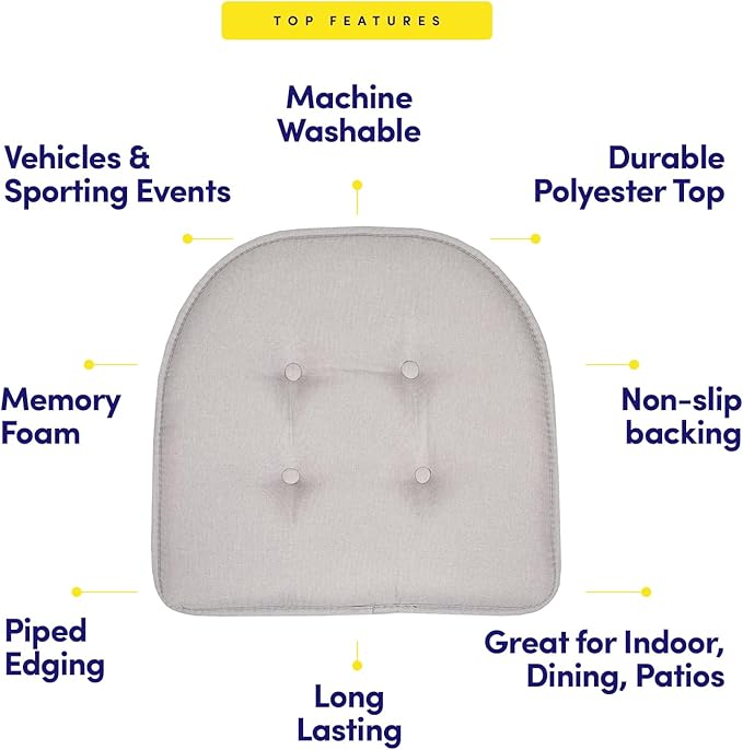 Sweet Home Collection Chair Cushion Memory Foam Pads Tufted Slip Non Skid Rubber Back U-Shaped 17" x 16" Seat Cover, 12 Count (Pack of 1), Light Gray