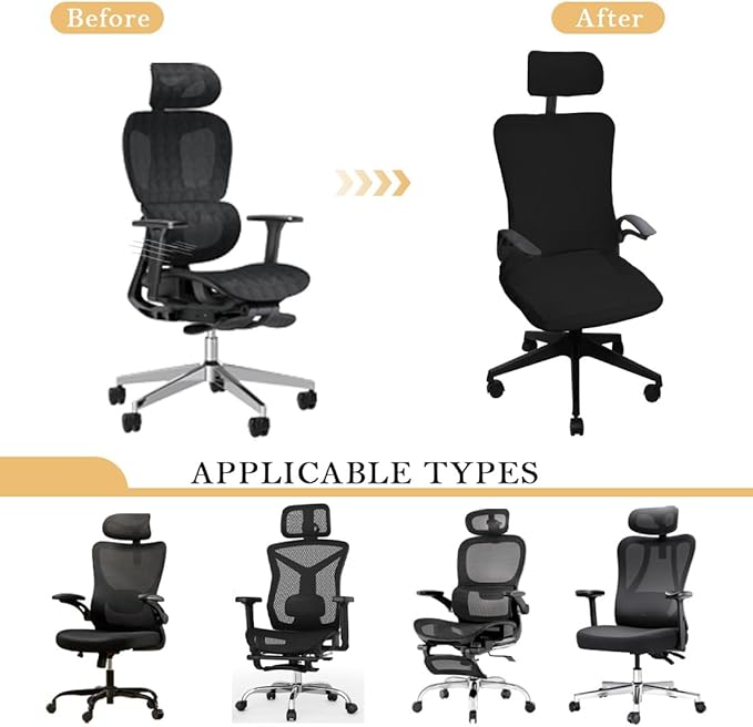 Ergonomic Office Chair Covers Set with Headrest Cover Stretch Desk Computer Chair and Headrest Slipcovers Washable Protector Slipcovers for Swivel Computer Chair 2 Pieces Black