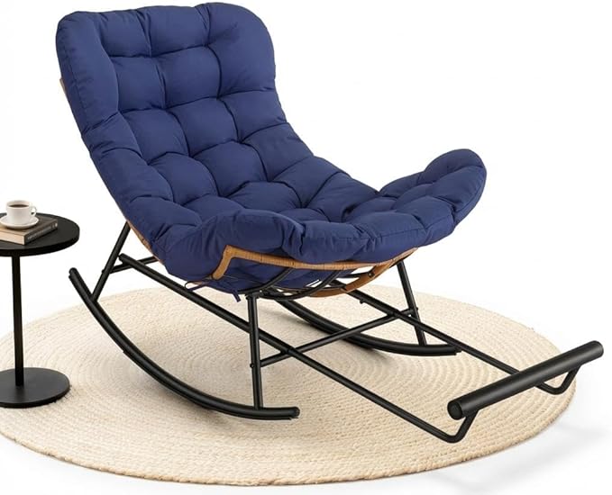 Jojoka Oversized Papasan Rocking Chair with Detachable Foot Rest, PE Rattan Rocker with Thick Removable Cushion, Metal Frame Lounge Chair for Indoor Outdoor Patio Garden Porch Living Room
