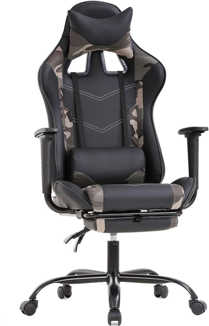 BestOffice | Ergonomic Gaming Chair | Camo | Reclining Computer Chair with Lumbar Support, Headrest Pillow, Adjustable Footrests | 360 Swivel with Heavy Duty Wheels | for Home & Office