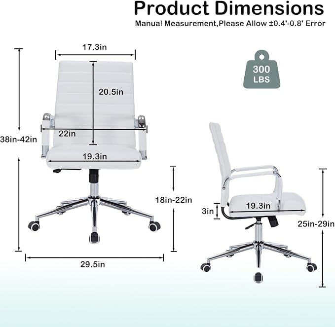 White Leather Ribbed Office Desk Chair, Ergonomic Mid-Back Executive Conference Room Chairs with Wheels, Adjustable Swivel Computer Task Chair with Arms and Thick Padded Seat