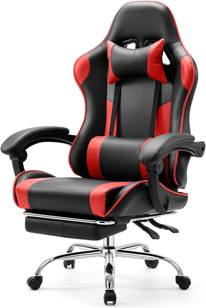 Sweetcrispy Computer Gaming Chair - Ergonomic High Back PU Leather Video Game Chair with Adjustable Headrest & Lumbar Support, Footrest, Racing for Office and Home, Red