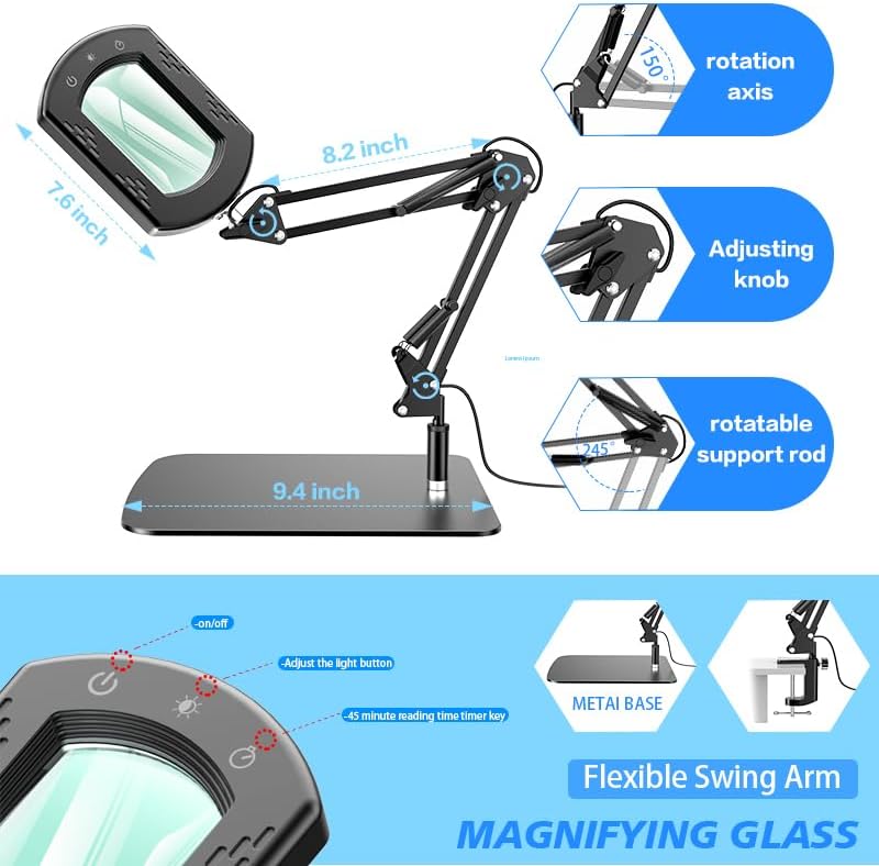Magnifying Glass with Light and Stand, 15X Hands Free Lighted Magnifying Lamp with 5 Color Modes and Swing Arm, Dimmable LED Desk Magnifier for Crafts, Sewing, Reading, Jewelry, Soldering, Seniors