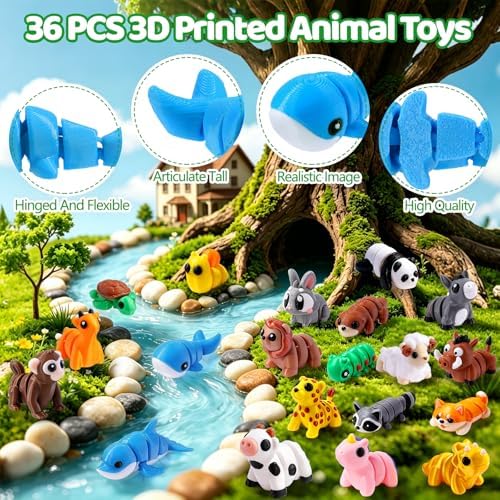JOICEE 36Pcs Mini 3D Printed Animals Articulated Flexible Fidget Toys