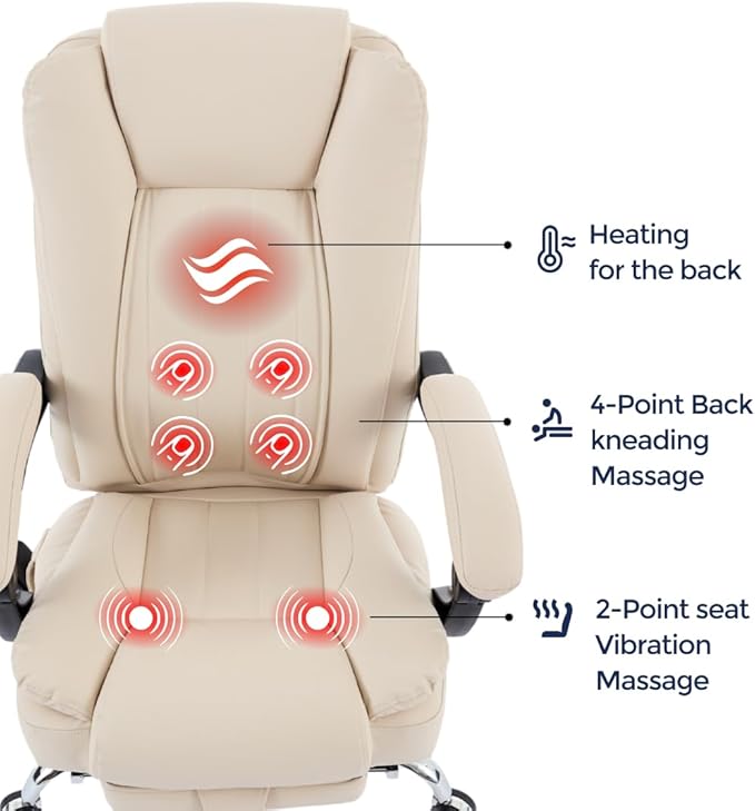 Orbis 4-Point Kneading Heated Massage Office Chair with Foot Rest | 500lbs Big & Tall Ergonomic Executive Desk Chair for Heavy People | Reclining Home Office Computer Chair | Leather Beige