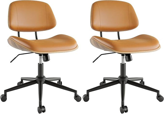 Armless Office Chair with Wheels, PU Leather Adjustable Height Desk Chair, 360° Swivel Ergonomic Computer Chair for Small Space, Modern Walnut Style, Home Office & Meeting Room, Brown