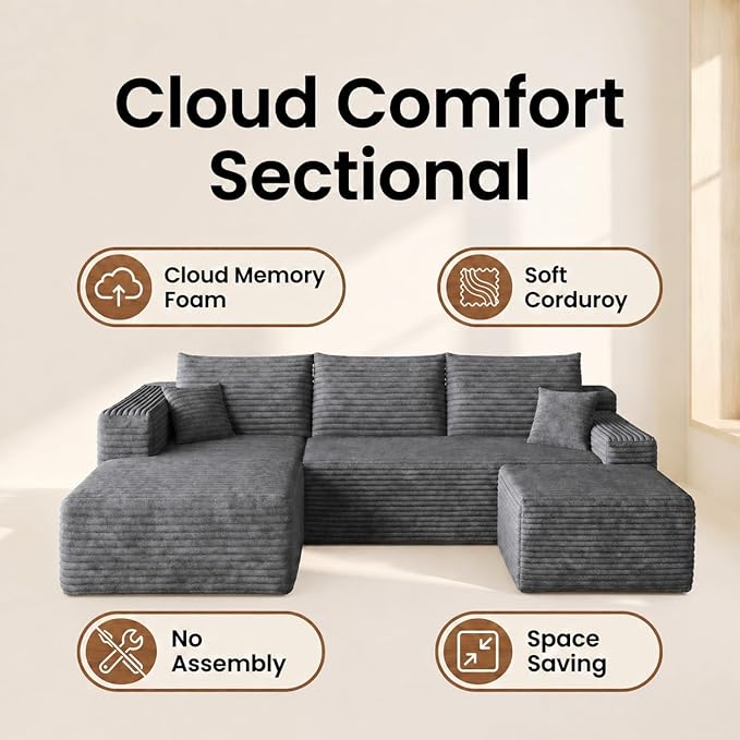 94" Darkgrey Fluffy Couch with Ottoman for Living Room, Corduroy No Bones Sectional Couch,Compressed Memory Foam Cloud Sofa,No Assembly Required,Left Facing Chaise,Darkgrey