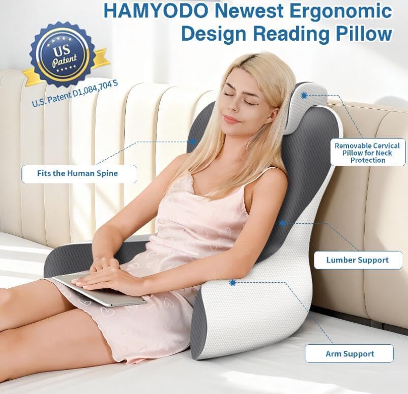 22" XL Reading Pillow Sitting in Bed,Back Support & Armrests(Grey & White)