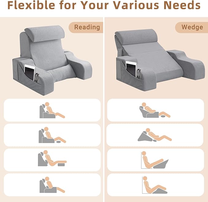 5PCS Reading Pillow for Sitting in Bed Adult, 2 in 1 Foldable Back Wedge Pillow for Sleep, Ergonomic Back Support Pillow with Arms for Watching TV, Gaming, Working, Recovery, 19” Grey