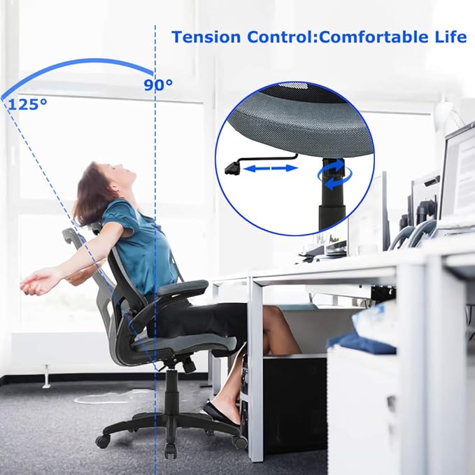 Office Chair Desk Chair Computer Chair with Lumbar Support Flip Up Arms Modern Task Adjustable Swivel Rolling Executive Mesh Ergonomic Chair for Back Pain, Grey