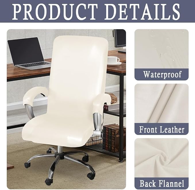 ITFRO Waterproof Office Chair Cover with Armrest Covers PU Leather Computer Desk Chair Cover with Zipper Universal Rotating Gaming Chair Slipcover High Back Chair Seat Protector (Cream White)