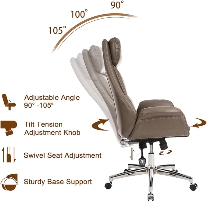 Glitzhome Mid-Century Modern Leatherette Adjustable Swivel High Back Office Chair Brownish Grey
