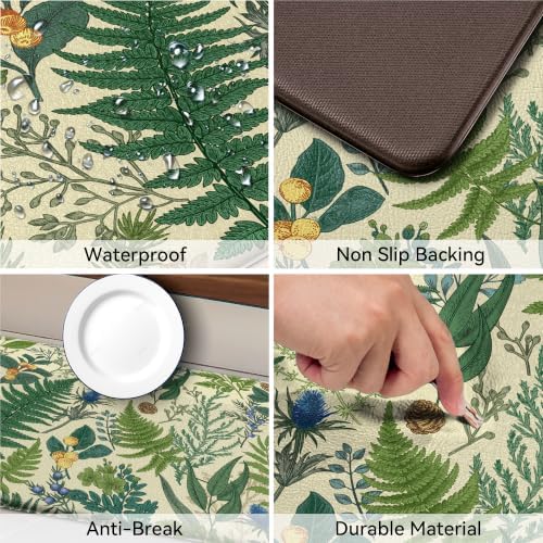 2PC Botanical Kitchen Rugs Set, Beige Green, 17.3"x28" + 17.3"x47"