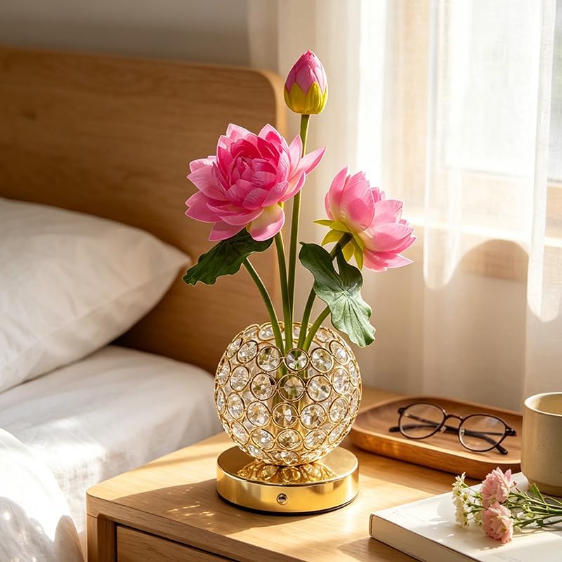 Lily Flower Lamps, Rechargeable Cordless Small Desk Lamp, 3 Colors Dimmable Artificial Flowers Night Light, Fake Bouquet 3 Lilies with Crystal Vase for Home Date Party Decoration (Pink - Lotus)