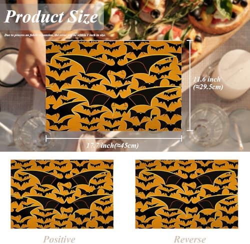 Shrahala Happy Halloween Funny Set Of 4 12 X 18 Inch Linen Placemats , Bats Cute Yellow Background Burlap Table Mat Washable Double Layered Heat Insulation For Indoor/Outdoor