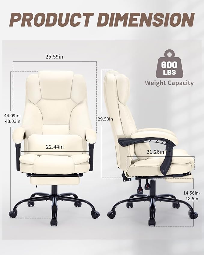 600lbs Office Chair with Footrest, Executive Chair with Padded Armrests, Reclining Desk Chair with Lumbar Support, High Back Leather Chair for Heavy People