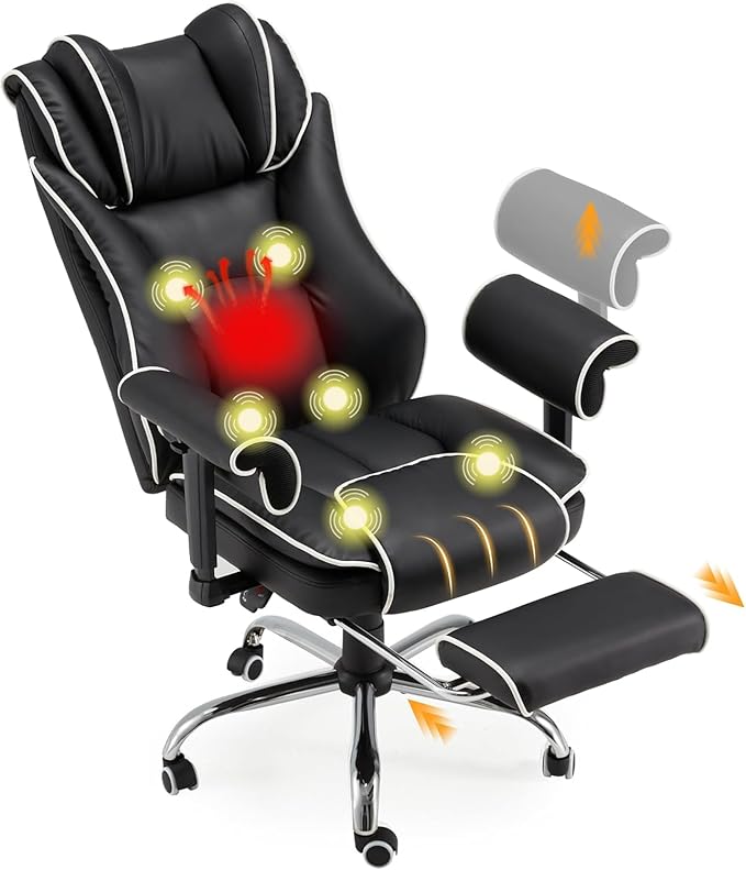 HOMREST 6-Point Massage Office Chair with Heat, Heated Reclining Executive Desk Chair with 155°Tilt Adjustable Armrests, Ergonomic High Back Computer Chair for Home Office, Black and White
