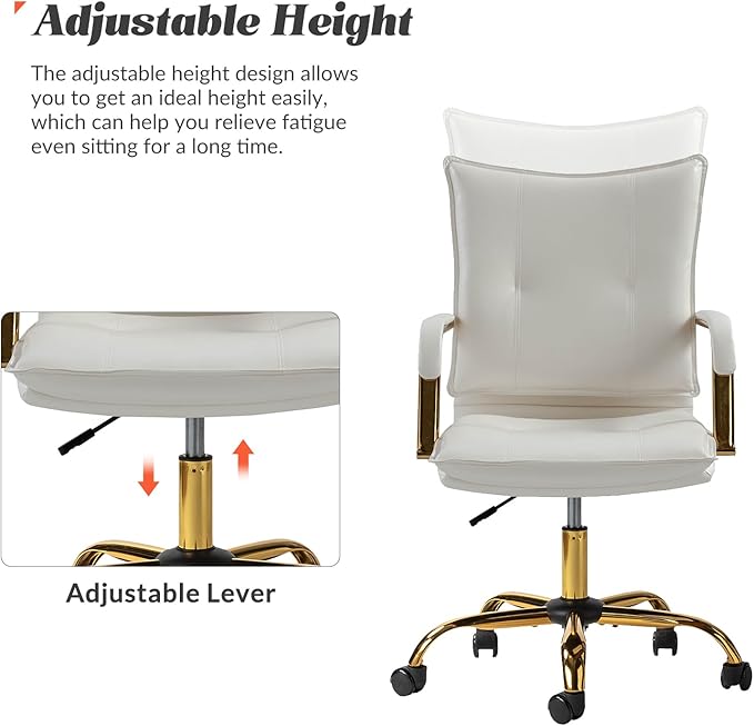 HULALA HOME Faux Leather Home Office Desk Chair, Adjustable Swivel Computer Chair with Golden Legs and Arms, Comfy Upholstered Task Chair, White