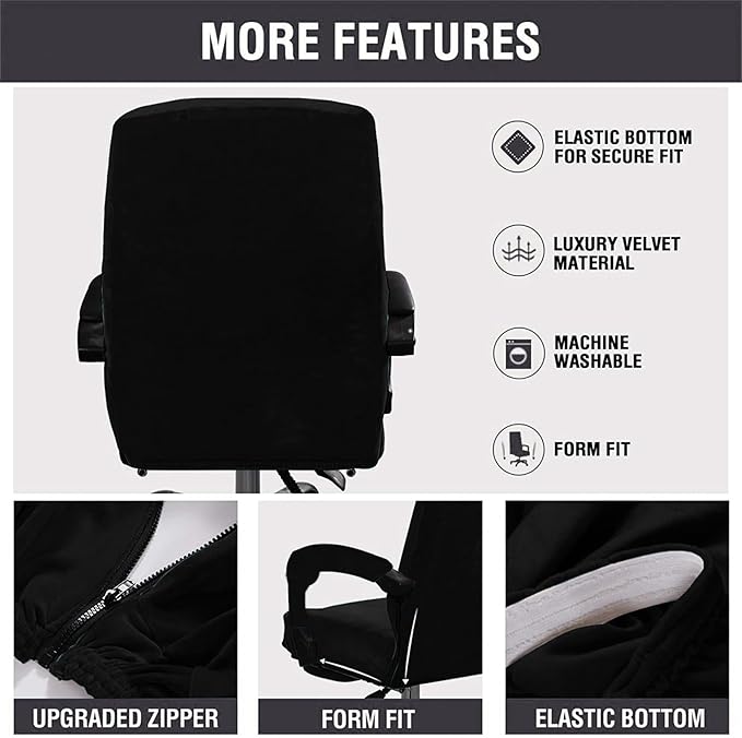 Velvet Plush Office Chair Cover with Armrests - Universal XL Size, Stretch Elastic fit for Desk Computer Chairs, Suitable for Pets and Children Friendly, Washable, Black