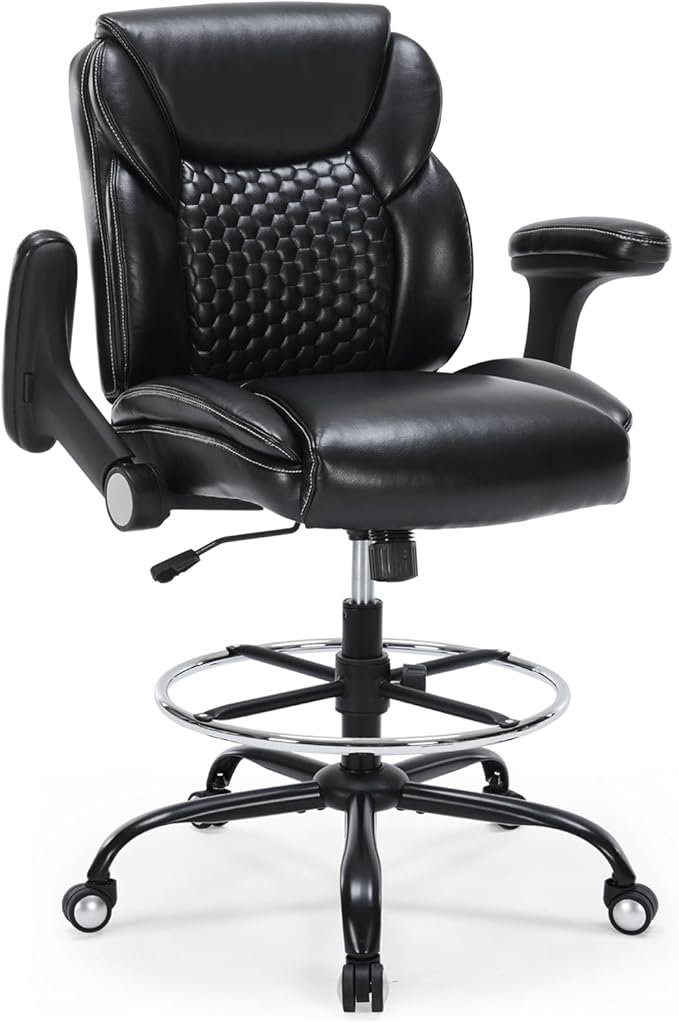 Drafting Chair, Tall Office Chair with Adjustable Armrests Mid-Back Standing Desk Chair with Footrest Ring, PU Leather High Executive Desk Chair Counter Height Office Chair for Home and Office, Black