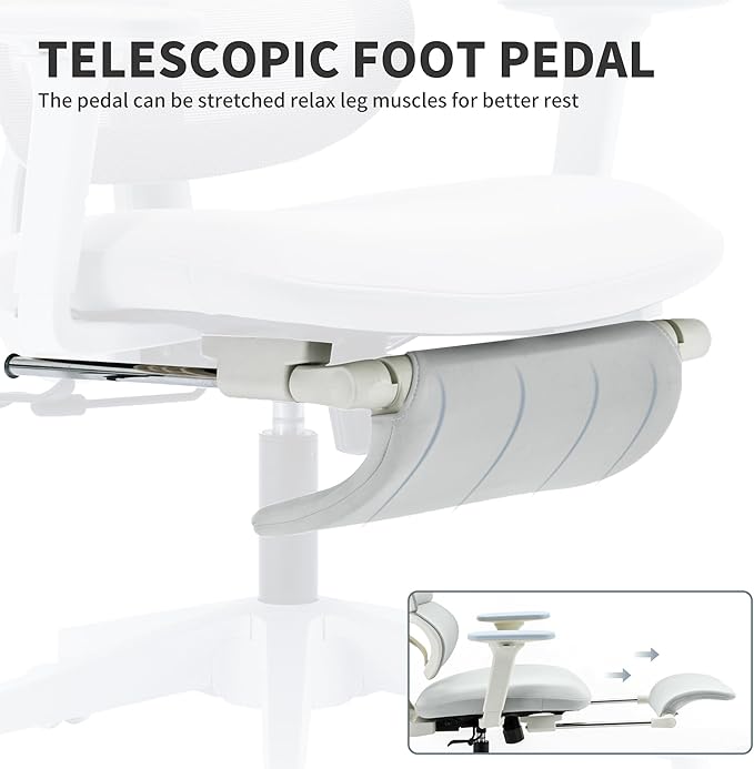 Ergonomic Office Chair with Footrest, 90-135° Reclining High Back Desk Chair with Lumbar Support, 2D Headrest, 2D Armrests, Computer Chair for Long Hours, Light Grey