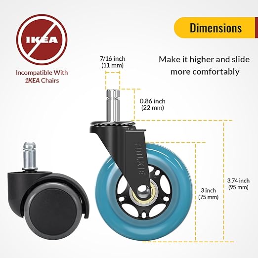 HOLKIE Gaming Chair Wheels - Silent Roller Blade Casters for Esports Rig Replacement - Heavy Duty 11x22mm - Smooth 360° Stealth Glide for Hardwood & Carpet - Set of 5 Blue