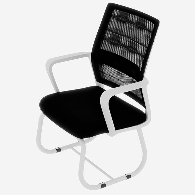 Modern Mesh Office Chair, Ergonomic Desk Chair with Armrests, Breathable Computer Task Seat for Home Work, Sled Base Guest Furniture, Comfortable Lumbar Support, Metal Frame, White+Black