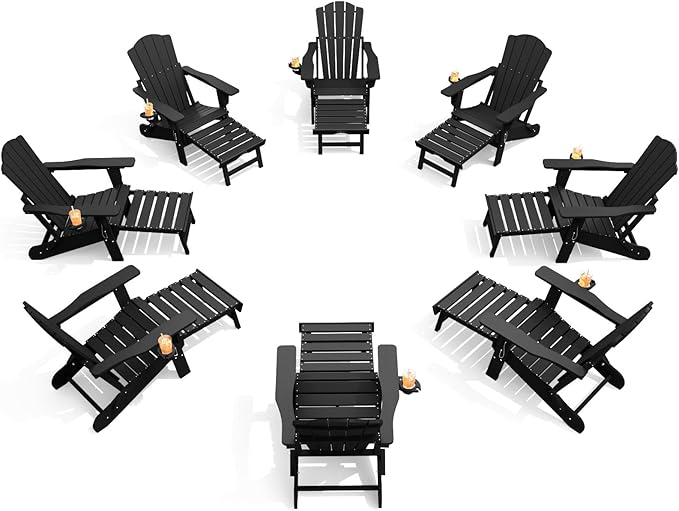 THOEOE Adjustable Adirondack Chair with Retractable Ottoman, HDEP Folding Adirondack Chairs with Footrest 2-in-1 Cup Holder, All Weather Outoor Fire Pit Chair with Foot Rest Set 8 Black
