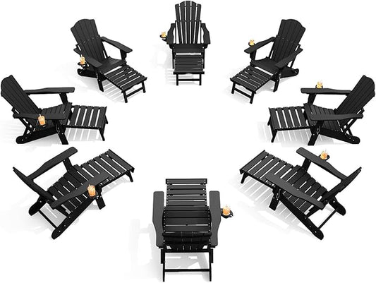 THOEOE Adjustable Adirondack Chair with Retractable Ottoman, HDEP Folding Adirondack Chairs with Footrest 2-in-1 Cup Holder, All Weather Outoor Fire Pit Chair with Foot Rest Set 8 Black