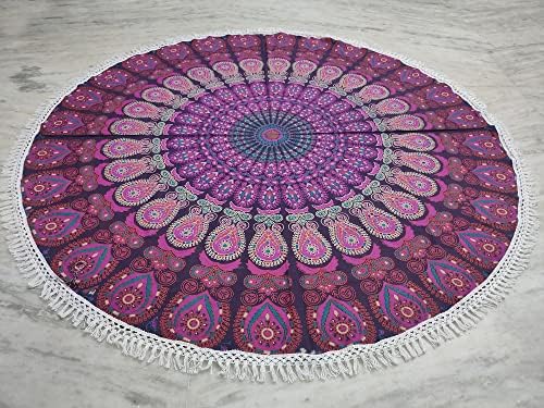 Round Beach Tapestry Turquoise Mandala Throw/Boho Hippie Beach Blanket Roundie/Indian Cotton Bohemian Large Round Table Cloth-Home Decor/Yoga Mat Meditation Picnic Rug (42", White And Pink)