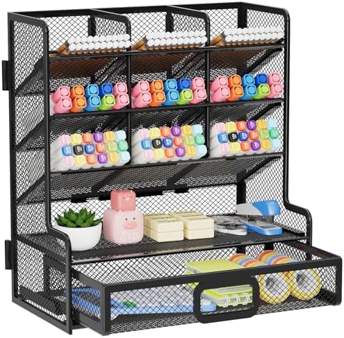 Marbrasse Larger Mesh Desk Organizer with Drawer, Multi-Functional Pen Pencil Holder, Easy Assembly, Desk Organizers and Accessories for Office Art Supplies (Black)