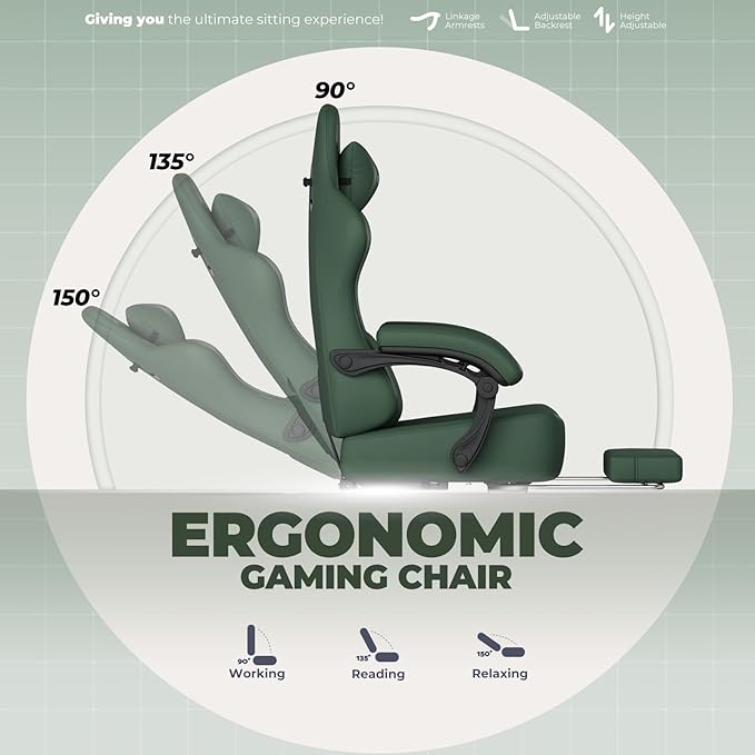 GTPLAYER Gaming Chair with Pocket Spring Cushion, Big and Tall Gamings Chairs 350LBS High Back Computer Chair with Footrest for Adults Lumbar Support Swivel Game Chair for Office, Leather Green