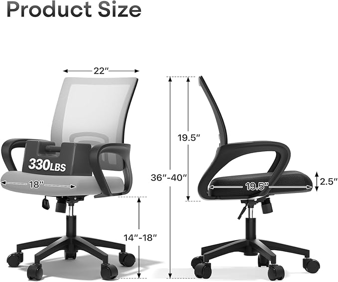Ergonomic Office Chair - 330Lbs, Breathable Mesh Computer Desk Chair with Lumbar Support & Armrest, Rolling Swivel Adjustable Tilt Lock for Home Office/Gaming, Bedroom Study
