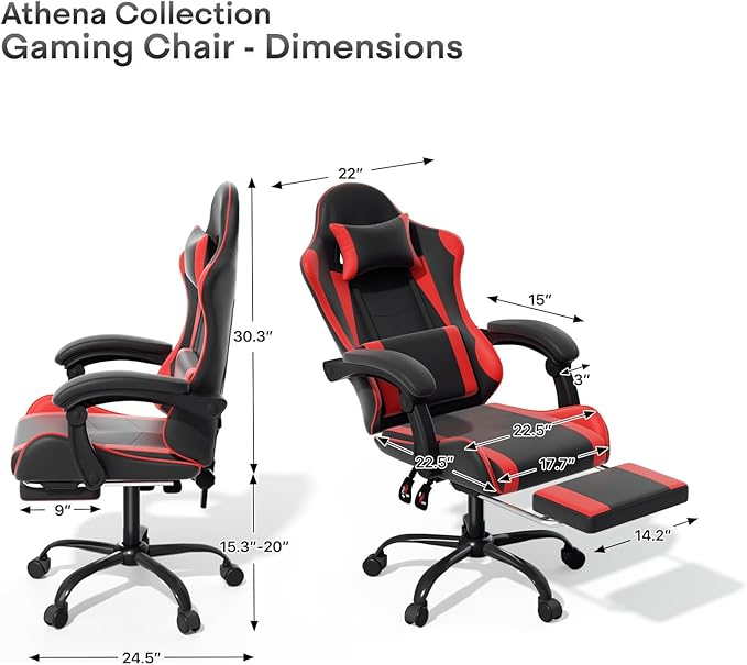 Athena Collection Ergonomic Gaming Chair with Footrest & Headrest Lumbar Support, Height Adjustable Swivel Office Chair Reclining Game Chair Leather High Back Computer Chair for Adults Kids, Red